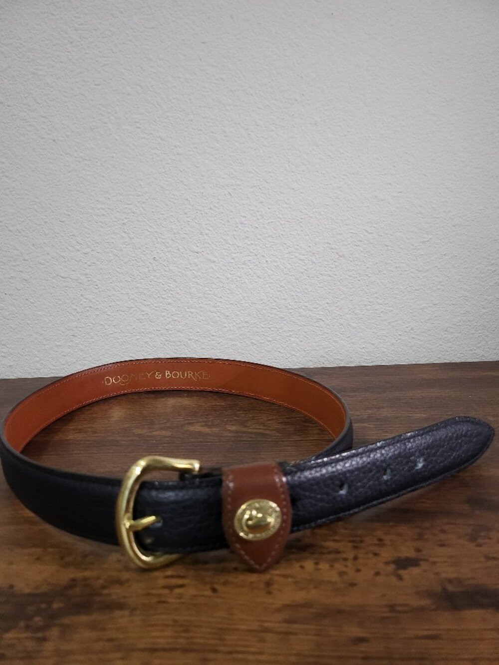 Vintage Dooney & Bourke All Weather Leather Belt Black Pebbled Brass Duck S USA